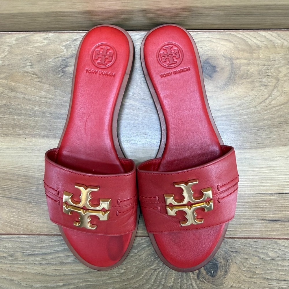 Tory Burch Everly Slide Sandal 5.5 Brilliant Red Leather Gold Miller Logo Preppy